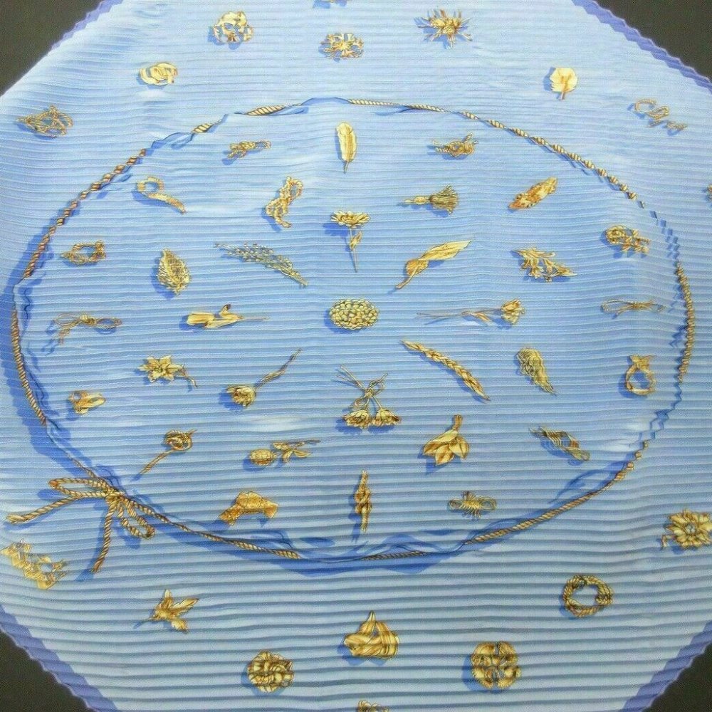 HERMES Pleated Scarf 100% Silk "Clips" Blue Great